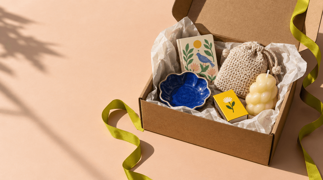 An open parcel with a colorful mix of small, thoughtful surprises